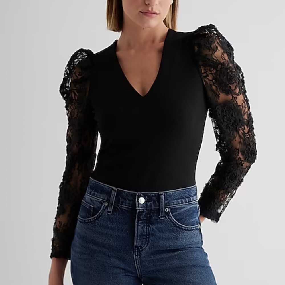 V-Neck Lace Puff Sleeve Bodysuit - Brand New